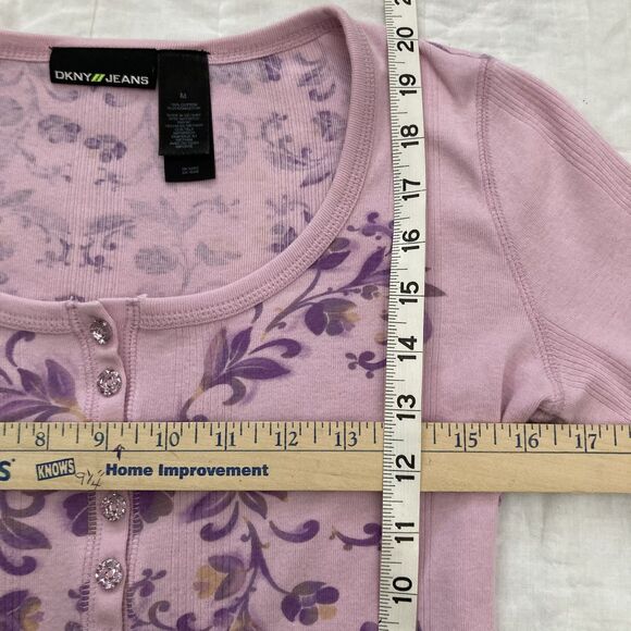 Vintage Fairy 2000s Y2K Henley DNKY Jeans Pink Floral Crystal Buttons Womens S/M - Picture 7 of 8